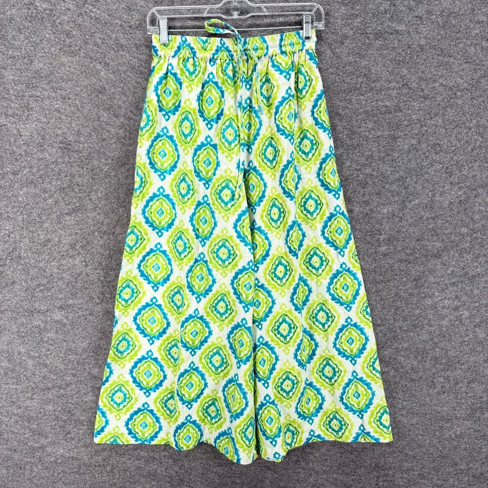 Rangmanch Pants Women S/M Green Geometric High Rise Drawstring Wide Leg Cotton